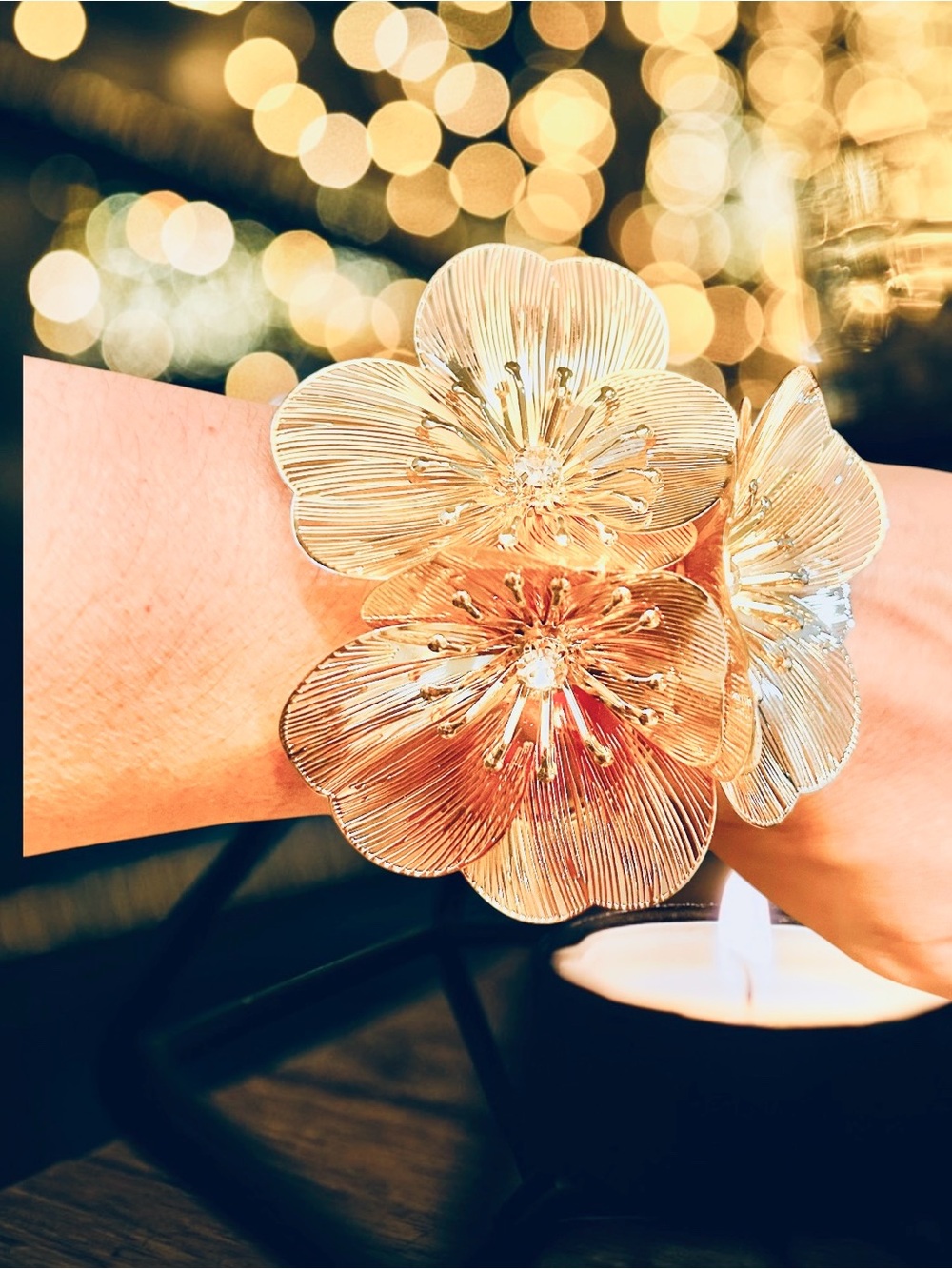 House of Harlow 1960 Gold Tone 3 Flower Cuff Bracelet with Crystals NWT